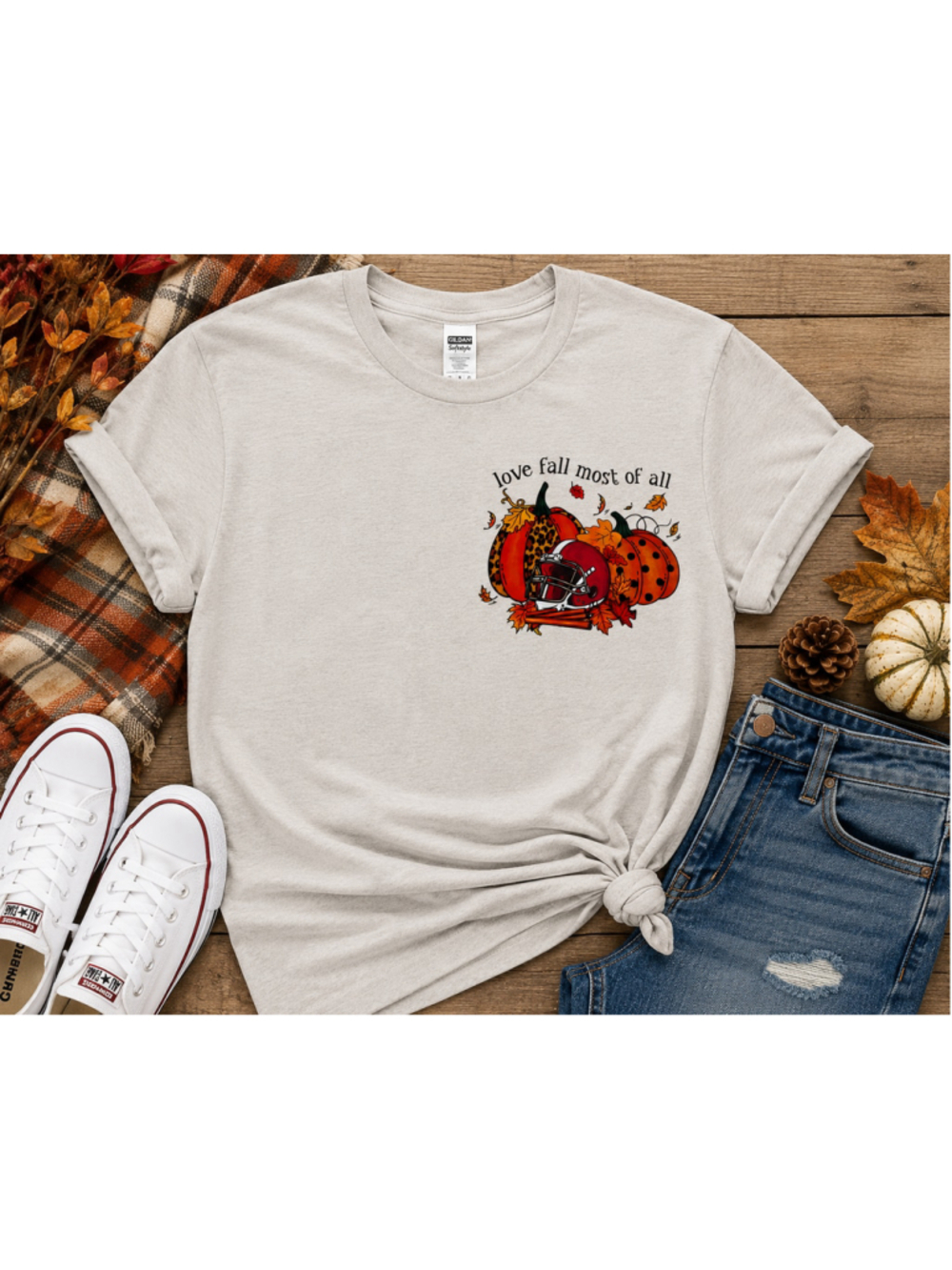Women's Gildan Cream Short Sleeve Tee with Fall Pumpkin Football Graphic XL